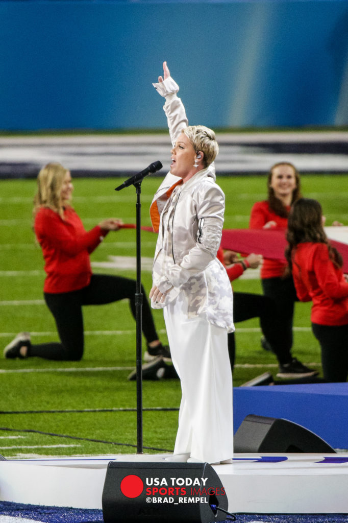 Feb 4, 2018; Minneapolis, MN, USA; Recording artist Pink performs the national anthem before the Superbowl LII between the Philadelphia Eagles and New England Patriots at U.S. Bank Stadium. Mandatory Credit: Brad Rempel-USA TODAY Sports