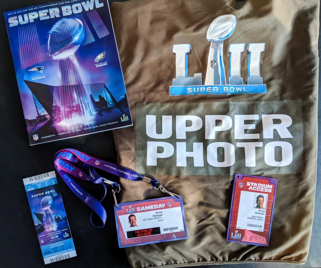 Photo vest, program, Super Bowl ticket, media credentials